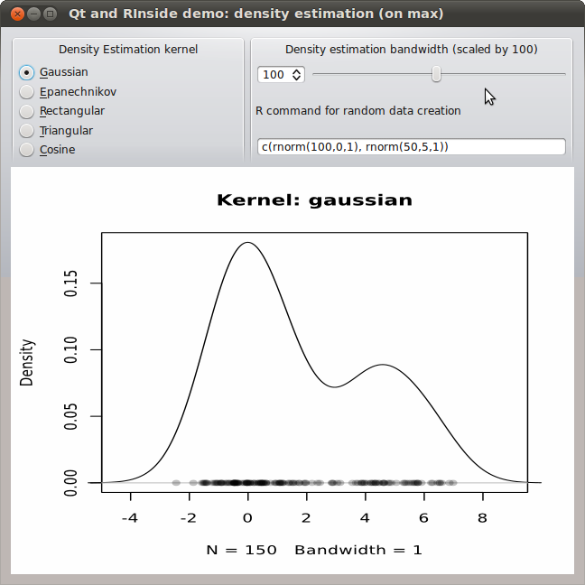Example of embedding R via RInside into a Qt C++ application: density estimation for a mixture
