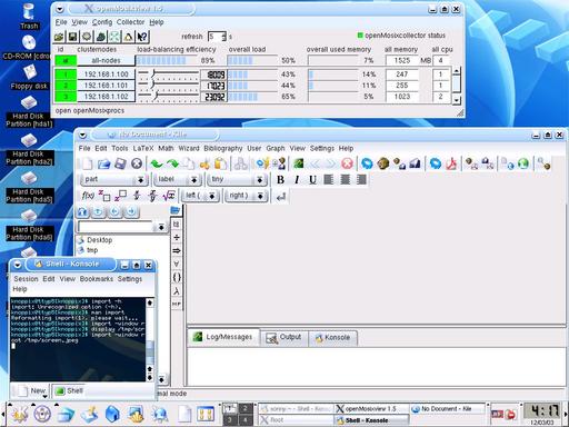 (screenshot of quantian_0.4.9.2: openmosixview, kile, knoppix 3.3
