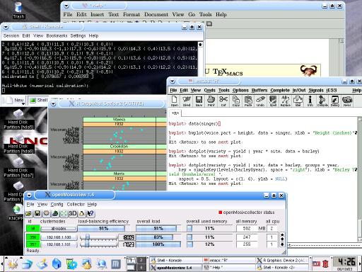 (screenshot of quantian_0.3: openMosix, R with lattice
graphisc from XEmacs, QuantLib, TeXmacs